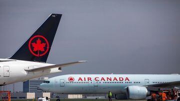 Air Canada planes are parked at Toronto Pearson Airport in Mississauga, Ontario, Canada.