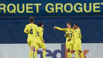 Villarreal players celebrates a goal during the Uefa Europa League quarter final match between Villarreal CF and GNK Dinamo Zagreb, at Estadio de la Ceramica on 15 April, 2021 in Vila-real, Spain
 AFP7 
 15/04/2021 ONLY FOR USE IN SPAIN