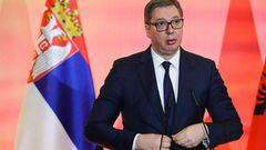 FILE PHOTO: Serbia's President Aleksandar Vucic gestures during conference of the Open Balkan summit at the Palace of Brigades in Tirana, Albania December 21, 2021. REUTERS/Florion Goga