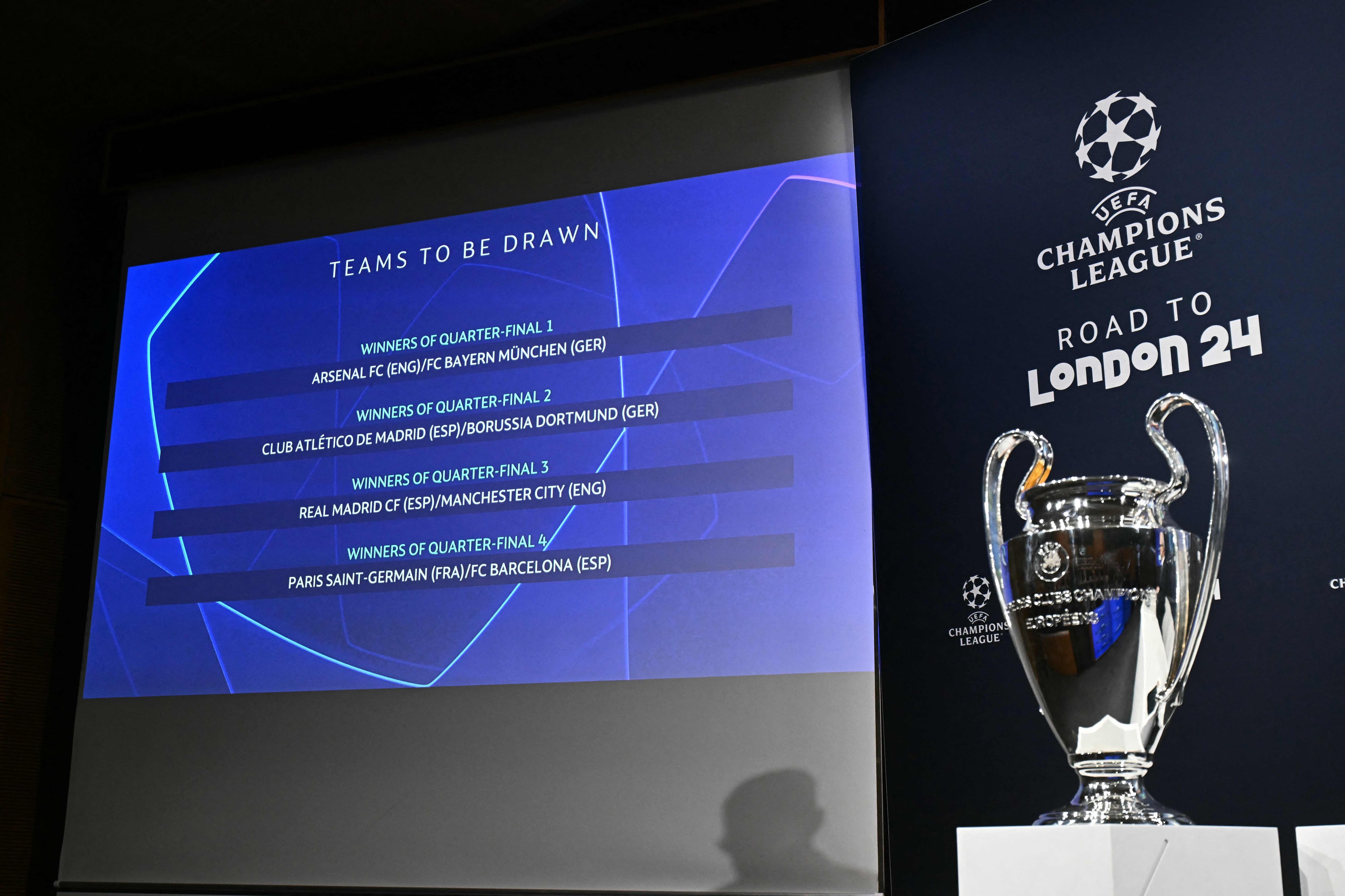 The results are displayed near the trophy after the 2023-2024 UEFA Champions League football tournament quarter-finals and semi-finals draw at the House of European Football in Nyon, on March 15, 2024. (Photo by Fabrice COFFRINI / AFP)