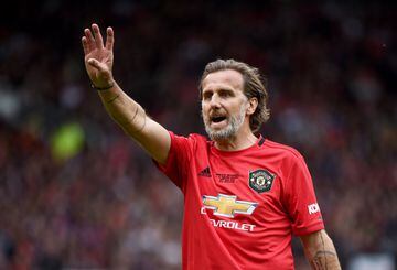 MANCHESTER, ENGLAND - MAY 26: Karel Poborsky of Manchester United gestures during the Manchester United '99 Legends v FC Bayern Legends at Old Trafford on May 26, 2019 in Manchester, England. (Photo by Nathan Stirk/Getty Images)
