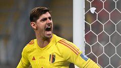Belgium's goalkeeper #01 Thibaut Courtois reacts after saving a penalty shot during the Qatar 2022 World Cup Group F football match between Belgium and Canada at the Ahmad Bin Ali Stadium in Al-Rayyan, west of Doha on November 23, 2022. (Photo by Anne-Christine POUJOULAT / AFP)