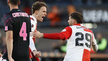 Feyenoord's Mats Wieffer (L) and Santiago Gimenez celebrate scoring the opening goal during the UEFA Europa League first leg quarter-final football match between Feyenoord Rotterdam and AS Roma at Feyenoord Stadion in Rotterdam on April 13, 2023. (Photo by Pieter Stam de Jonge / ANP / AFP) / Netherlands OUT