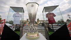 BUDAPEST, HUNGARY - MAY 30: A view of the UEFA Europa League trophy at the Fan Festival ahead of the UEFA Europa League 2022/23 final match between Sevilla FC and AS Roma at Heroes' Square on May 30, 2023 in Budapest, Hungary. (Photo by Angel Martinez - UEFA/UEFA via Getty Images)