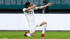 Football Soccer - Wales v Uruguay - China Cup Finals - Guangxi Sports Center, Nanning, China - March 26, 2018. Edinson Cavani of Uruguay celebrates scoring a goal. REUTERS/Stringer ATTENTION EDITORS - THIS IMAGE WAS PROVIDED BY A THIRD PARTY. &nbsp;CHINA&