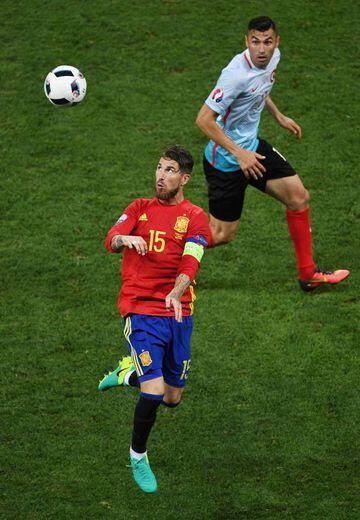 Sergio Ramos of Spain wins a header during the UEFA EURO 2016 Group D match between Spain and Turkey