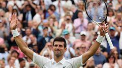 Serbia's Novak Djokovic celebrates beating South Korea's Kwon Soon-woo after their men's singles tennis match on the first day of the 2022 Wimbledon Championships at The All England Tennis Club in Wimbledon, southwest London, on June 27, 2022. (Photo by Adrian DENNIS / AFP) / RESTRICTED TO EDITORIAL USE