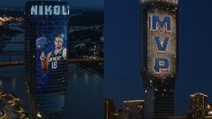 La torre de Belgrado en Serbia proyecta la imagen de Nikola Jokic tras ganar las finales de la NBA