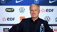 French national football team coach Didier Deschamps holds a press conference in Paris on March 18, 2021 to announce the squad list for the upcoming 2022 World Cup qualifying matches. (Photo by FRANCK FIFE / AFP)
