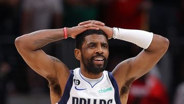 ATLANTA, GEORGIA - APRIL 02: Kyrie Irving #2 of the Dallas Mavericks reacts after he was charged with a foul against Trae Young #11 of the Atlanta Hawks in the final seconds of overtime at State Farm Arena on April 02, 2023 in Atlanta, Georgia. NOTE TO USER: User expressly acknowledges and agrees that, by downloading and or using this photograph, User is consenting to the terms and conditions of the Getty Images License Agreement.   Kevin C. Cox/Getty Images/AFP (Photo by Kevin C. Cox / GETTY IMAGES NORTH AMERICA / Getty Images via AFP)