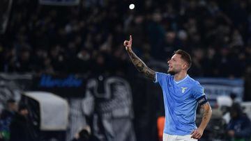 Lazio's Italian forward #17 Ciro Immobile celebrates after scoring the team's second goal during the UEFA Champions League Group E football match between Lazio and Celtic Glasgow at the Olympic stadium in Rome on November 28, 2023. (Photo by Filippo MONTEFORTE / AFP)