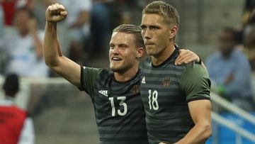 SAO PAULO, BRAZIL - AUGUST 17:  Nils Petersen of Germany celebrates with Philipp Max after scoring a goal  during the Men&#039;s Football Semi Final between Nigeria and Germany on Day 12 of the Rio 2016 Olympic Games at Arena Corinthians on August 17, 201