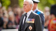 Britain's Prince Andrew follows the coffin of Queen Elizabeth II during a procession from Buckingham Palace to Westminster Hall in London, Wednesday, Sept. 14, 2022. The Queen will lie in state in Westminster Hall for four full days before her funeral on Monday Sept. 19.     Martin Meissner/Pool via REUTERS