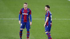 SEVILLE, SPAIN - MARCH 19: Carlos Clerc of Levante and Enis Bardhi of Levante prepare to take a free kick during the La Liga Santander match between Real Betis and Levante UD at Estadio Benito Villamarin on March 19, 2021 in Seville, Spain. Sporting stadi
