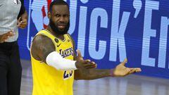 LeBron James of the Los Angeles Lakers reacts to a call against the Oklahoma City Thunder during the second half of an NBA basketball game Wednesday, Aug. 5, 2020, in Lake Buena Vista, Fla. (Kevin C. Cox/Pool Photo via AP)