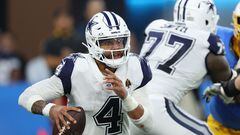 INGLEWOOD, CALIFORNIA - OCTOBER 16: Dak Prescott #4 of the Dallas Cowboys scrambles in the first half against the Los Angeles Chargers at SoFi Stadium on October 16, 2023 in Inglewood, California.   Harry How/Getty Images/AFP (Photo by Harry How / GETTY IMAGES NORTH AMERICA / Getty Images via AFP)