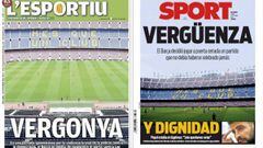 "Vergüenza", portada de Sport y L’Esportiu en la prensa catalana