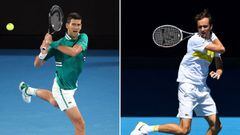 (COMBO) This combination photo created on February 19, 2021 shows Serbia&#039;s Novak Djokovic hitting a return during his men&#039;s singles quarter-final match at the Australian Open tennis tournament in Melbourne on February 16, 2021 (L) and Russia&#03