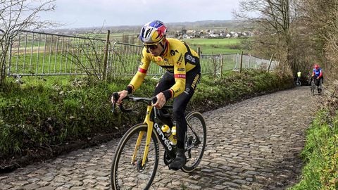 El ciclista belga Wout van Aert en un tramo de pavés durante el reconocimiento del recorrido del Tour de Flandes 2023.
