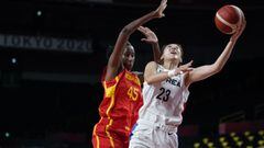 South Korea&#039;s Danbi Kim (23), right, drives to the basket past Spain&#039;s Astou Ndour (45) during women&#039;s basketball preliminary round game at the 2020 Summer Olympics, Monday, July 26, 2021, in Saitama, Japan. (AP Photo/Charlie Neibergall)