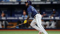 Apr 25, 2023; St. Petersburg, Florida, USA;  Tampa Bay Rays left fielder Randy Arozarena (56) breaks his bat hitting a single against the Houston Astros in the first inning at Tropicana Field. Mandatory Credit: Nathan Ray Seebeck-USA TODAY Sports