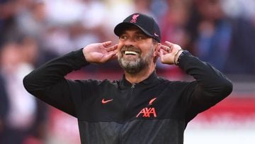 LONDON, ENGLAND - APRIL 16: Jurgen Klopp manager of Liverpool celebrates the win during The Emirates FA Cup Semi-Final match between Manchester City and Liverpool at Wembley Stadium on April 16, 2022 in London, England. (Photo by Marc Atkins/Getty Images)