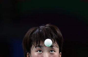 Myong Sun Ri of North Korea competes against Ai Fukuhara of Japan during Round 4 of the Women's Singles Table Tennis on Day 3 of the Rio 2016 Olympic Games at Riocentro - Pavilion 3 on August 8, 2016 in Rio de Janeiro, Brazil.  