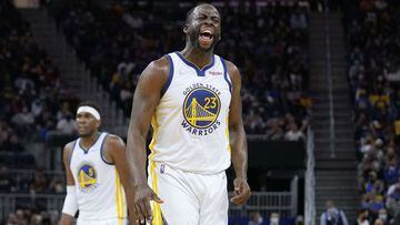 SAN FRANCISCO, CALIFORNIA - OCTOBER 15: Draymond Green #23 of the Golden State Warriors reacts after scoring against the Portland Trail Blazers during the second half of their game at Chase Center on October 15, 2021 in San Francisco, California. NOTE TO 