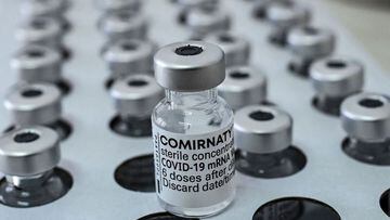 This photograph shows vials of Pfizer/BioNTech vaccine against the Covid-19 (novel coronavirus) at the health center of Elafonissos, on the Elafonissos Island, on April 23, 2021. - Residents of the southern Greek island of Elafonissos received their covid