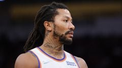 HOUSTON, TEXAS - DECEMBER 16: Derrick Rose #4 of the New York Knicks looks on against the Houston Rockets during the first half at Toyota Center on December 16, 2021 in Houston, Texas. NOTE TO USER: User expressly acknowledges and agrees that, by download