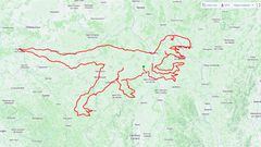 Imagen del velociraptor creado por cuatro ciclistas franceses y con el que han logrado batir el récord del mundo con el dibujo más grande del mundo hecho con GPS en bici en Strava Art.