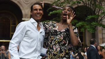 Venus Williams of the USA stands with world number one tennis player Rafael Nadal of Spain following their match in the Lotte New York Palace Invitational Badminton Tournament at the Lotte New York Palace in New York August 24, 2017. / AFP PHOTO / TIMOTHY A. CLARY