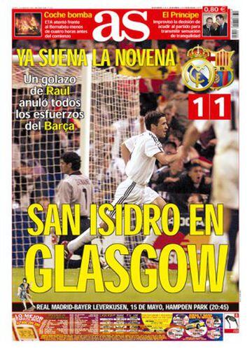Raúl scores in the Champions League return leg against Barcelona to put Madrid into the final, to take place in Glasgow on the day of the city's patron saint 'San Isidro' (2002)