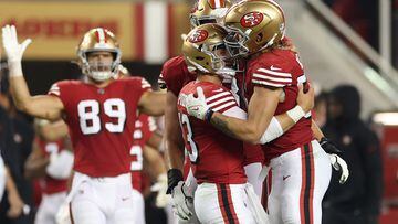 SANTA CLARA, CALIFORNIA - SEPTEMBER 21: Brock Purdy #13 and George Kittle #85 of the San Francisco 49ers celebrate a touchdown scored by Deebo Samuel #19 against the New York Giants during the fourth quarter in the game at Levi's Stadium on September 21, 2023 in Santa Clara, California.   Ezra Shaw/Getty Images/AFP (Photo by EZRA SHAW / GETTY IMAGES NORTH AMERICA / Getty Images via AFP)
