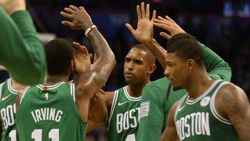 Irving, Horford y Smart celebran la victoria de los Celtics en Oklahoma City.