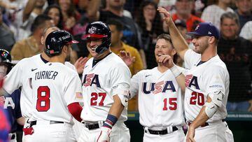 MIAMI, FLORIDA - MARCH 19: Trea Turner #8 of Team USA celebrates with teammates after hitting a three-run home run in the sixth inning against Team Cuba during the World Baseball Classic Semifinals at loanDepot park on March 19, 2023 in Miami, Florida.   Megan Briggs/Getty Images/AFP (Photo by Megan Briggs / GETTY IMAGES NORTH AMERICA / Getty Images via AFP)