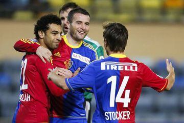 Mohamed Salah (left) celebrates with Basel team mates, September 2012.