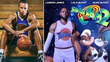 Im&aacute;genes de Stephen Curry posando con rostro serio con la equipaci&oacute;n de los Golden State Warriors y del cartel de &#039;Space Jam 2&#039; con Lebron James, Lola Bunny y Bugs Bunny.