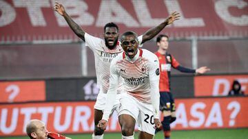 AC Milan&#039;s French defender Pierre Kalulu celebrates after scoring an equalizer during the Italian Serie A football match Genoa vs AC Milan on December 16, 2020 at the Luigi-Ferraris stadium in Genoa, Liguria. (Photo by Filippo MONTEFORTE / AFP)