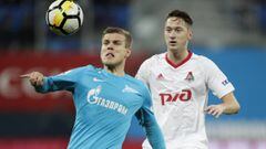 Zenit&#039;s Aleksandr Kokorin, left, fights for the ball with Lokomotiv&#039;s Anton Miranchuk during a Russia&#039;s Premier League soccer match between Zenit St. Petersburg and Lokomotiv Moscow in St. Petersburg, Russia, Sunday, Oct. 29, 2017. (AP Phot