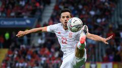 Spain's forward Pablo Sarabia controls the ball during the UEFA Nations League - League A Group 2 football match between Switzerland and Spain at the Stade de Geneve in Geneva, on June 9, 2022. (Photo by Fabrice COFFRINI / AFP)