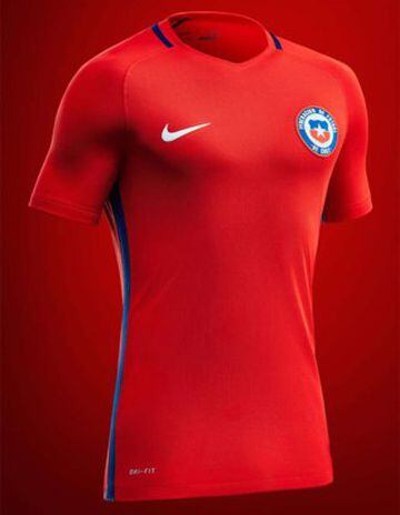 Chile: Un intenso color rojo con vivos azules marca la camiseta que utilizará el Campeón de América. 