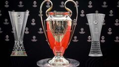 UEFA Champions League, Europa League and Europa Conference League trophies