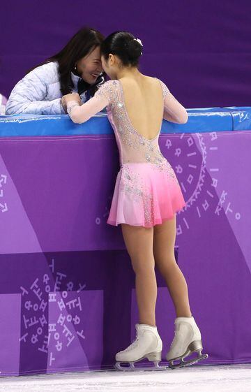 Japan's Satoko Miyahara takes a break during the Figure Skating Team Event in Gangneung, South Korea.