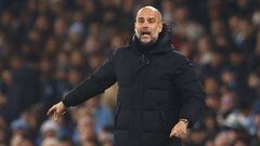 MANCHESTER, ENGLAND - DECEMBER 22:  Manchester City Manager Pep Guardiola reacts during the Carabao Cup Fourth Round match between Manchester City and Liverpool at Etihad Stadium on December 22, 2022 in Manchester, England. (Photo by Chris Brunskill/Fantasista/Getty Images)