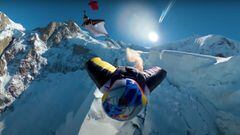 Fred Fugen, Vincent Cotte y Aurelien Chatard grabados desde el casco de Fred Fugen volando sobre el Mont Blanc nevado, con el sol al fondo, en octubre del 2022. 