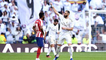 MADRID, SPAIN - FEBRUARY 01: Karim Benzema of Real Madrid celebrates after scoring his team&#039;s first goal during the La Liga match between Real Madrid CF and Club Atletico de Madrid at Estadio Santiago Bernabeu on February 01, 2020 in Madrid, Spain. (