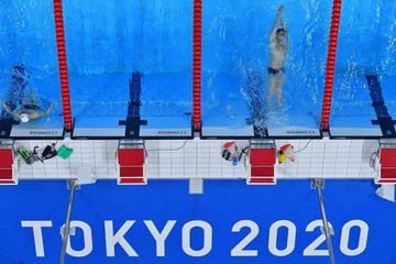 An overview shows athletes as they take part in a practice session in the swimming pool at the Tokyo Aquatics Centre, ahead of the Tokyo 2020 Olympic Games