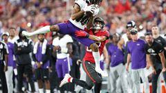 Oct 27, 2022; Tampa, Florida, USA;  Baltimore Ravens wide receiver Demarcus Robinson (10) catches a pass defended by Tampa Bay Buccaneers cornerback Zyon McCollum (27) in the second quarter at Raymond James Stadium. Mandatory Credit: Nathan Ray Seebeck-USA TODAY Sports