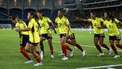 Jugadoras de la Selección Colombia celebrando un gol ante Paraguay por la Copa América Femenina.